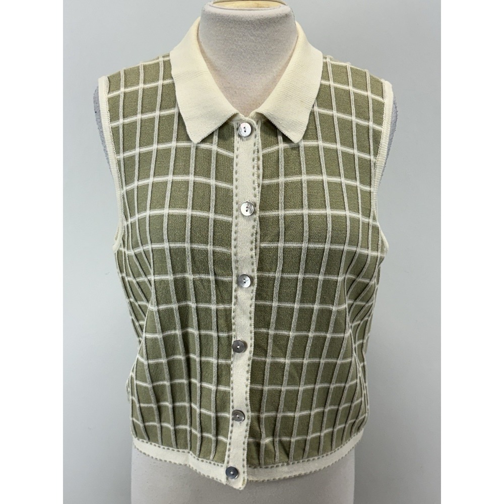 Vtg Liz Sport Sweater Vest Women's L Petite Green Check College Soft Girl Indie